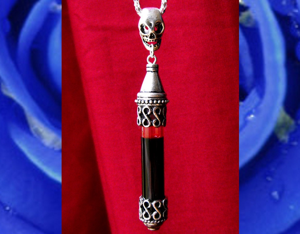 Medieval Death Skull - Vial of Blood Pendant - Silver Memento Mori Vampire Necklace - by Amanda Olivo
