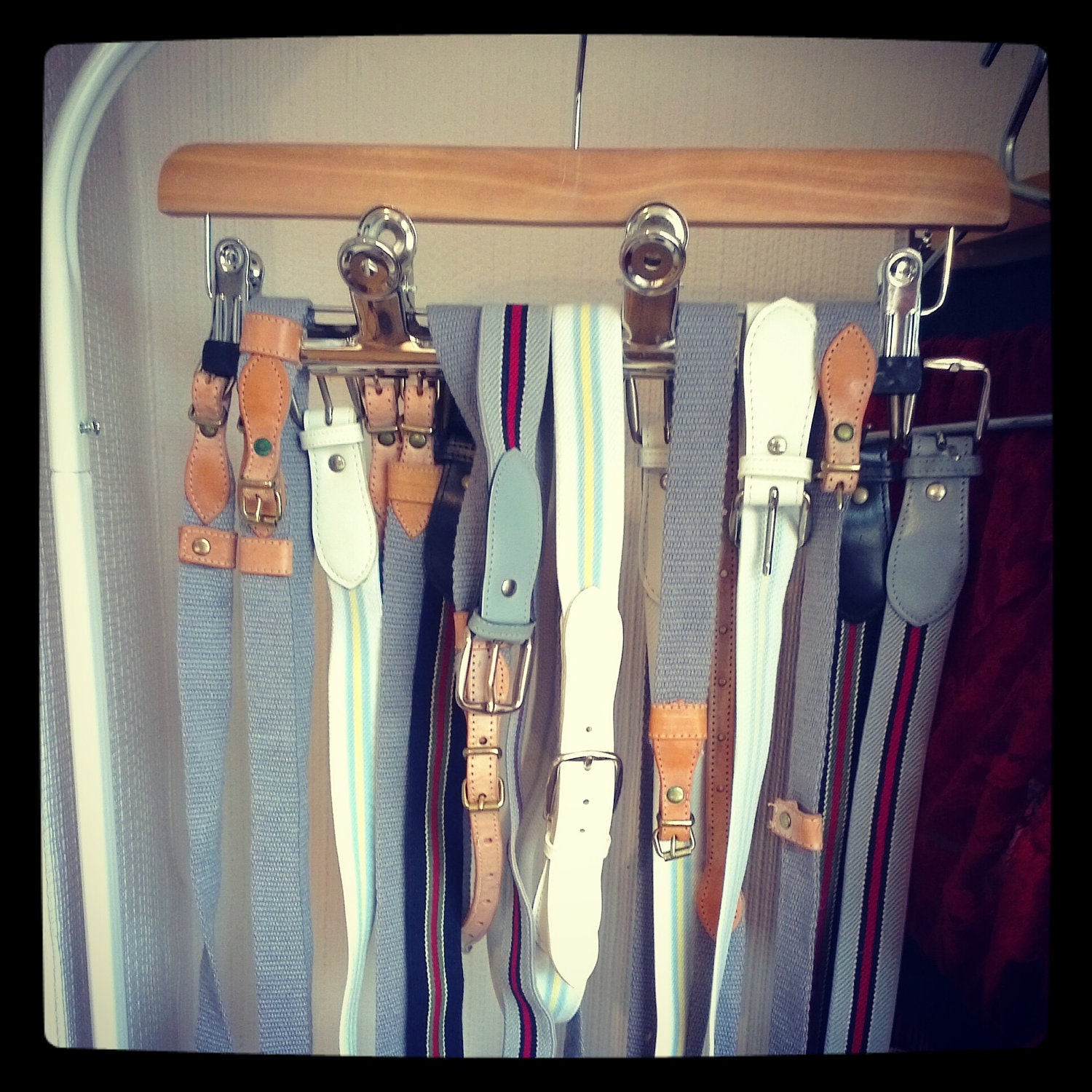 Vintage belt, grey elastic webbing, leather buckle.