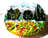 Gorgeous colourful mountain view landscape with hidden bird and poppies. hand painted brooch ooak on wooden oval shape country  style - Thesnowrose