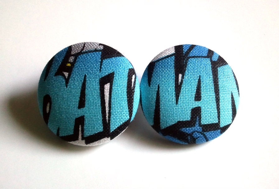 Large baby blue batman button earrings