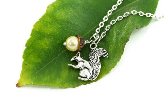 Squirrel and Acorn Necklace, Silver Squirrel, Copper and Cream Acorn Charm, Whimsical Jewelry