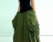 Lagenlook Maxi Skirt Big Pockets Long Skirt - in Olive Army Green Cotton Long Skirt - SK001