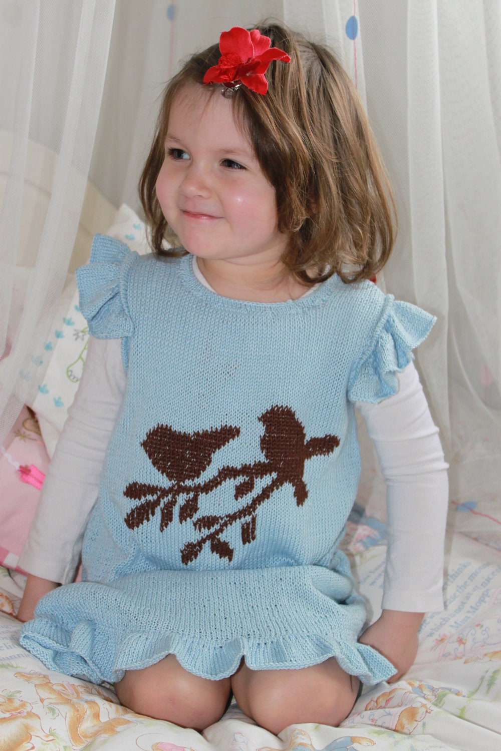 Beautiful Cotton Summer Dress in Coral with Bird Silhouette to fit Age 3-5