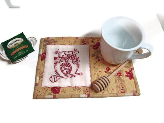 Mug Rug Tea Quilted Mat Hand Embroidered Honey Pot