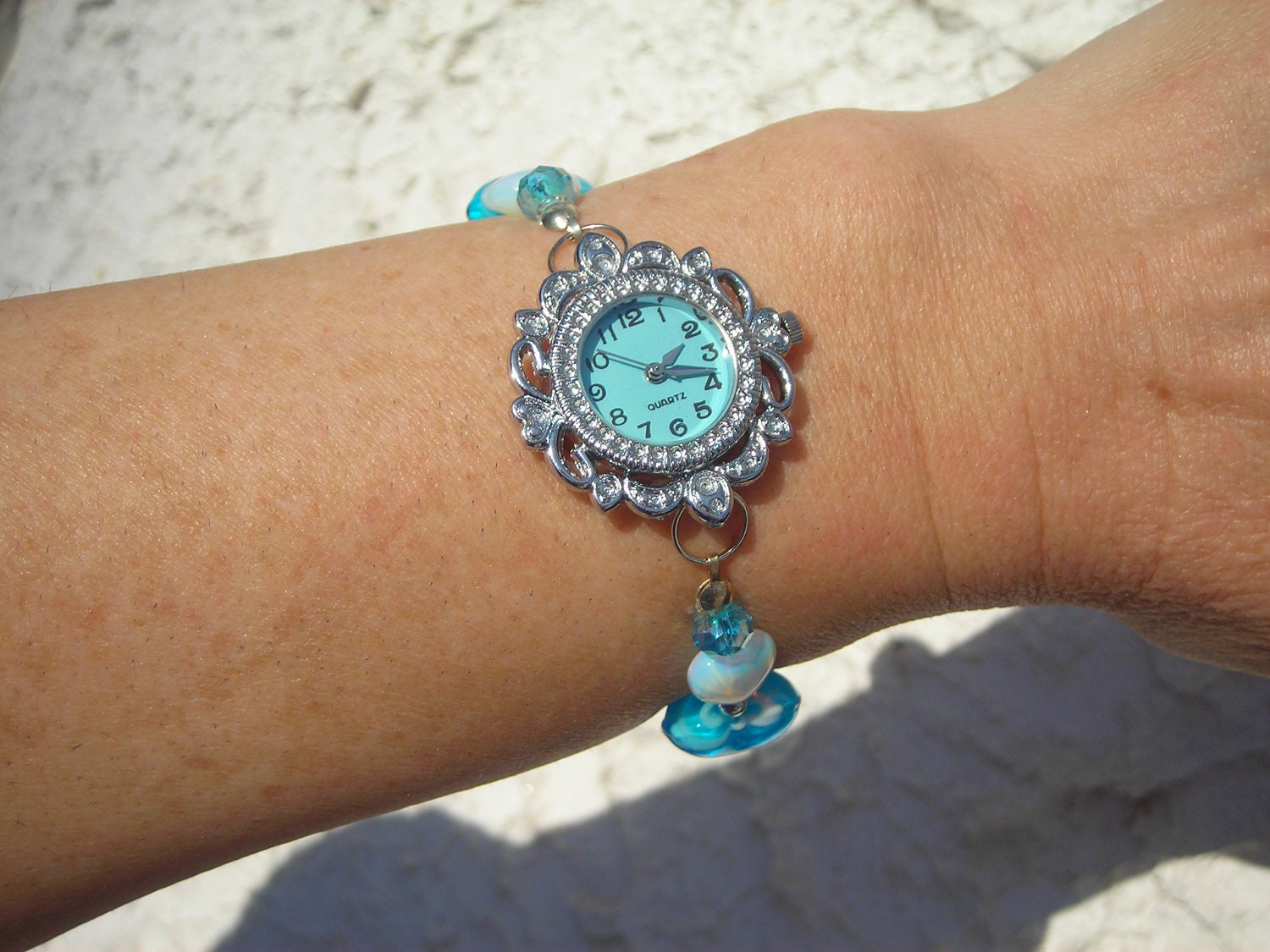 blue aqua woman wrist-WATCH-BRACELET with swarovski crystal beads, heart lampwork, moonstone-like beads, fx pearl, handmade.