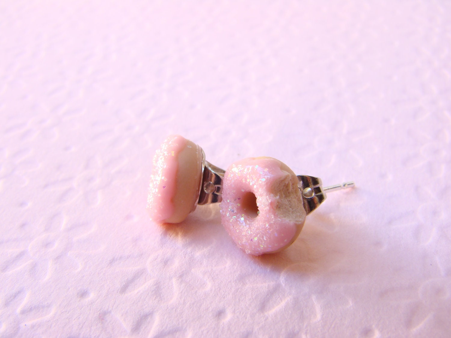 Shimmering Pink Donut Earrings - Polymer Clay Food Jewelry