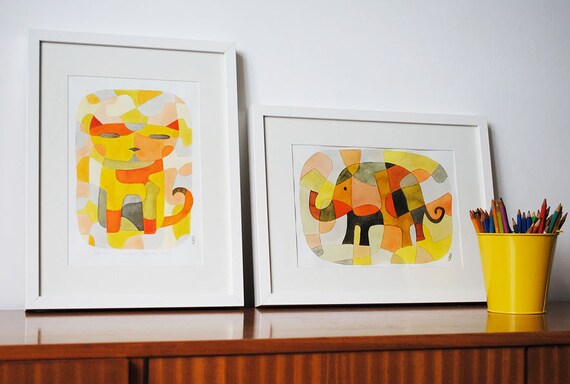 Nursery Art Print Kids Art Print Mid Century Modern Print of Elephant 1 pink yellow mustard orange black 8 x 10