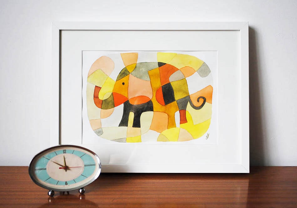Nursery Art Print Kids Art Print Mid Century Modern Print of Elephant 1 pink yellow mustard orange black 8 x 10