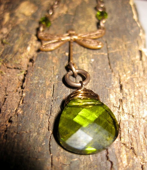 Olive Green Faceted Necklace, Dragonfly Necklace, Faceted Glass Necklace, Green Dragonfly Necklace