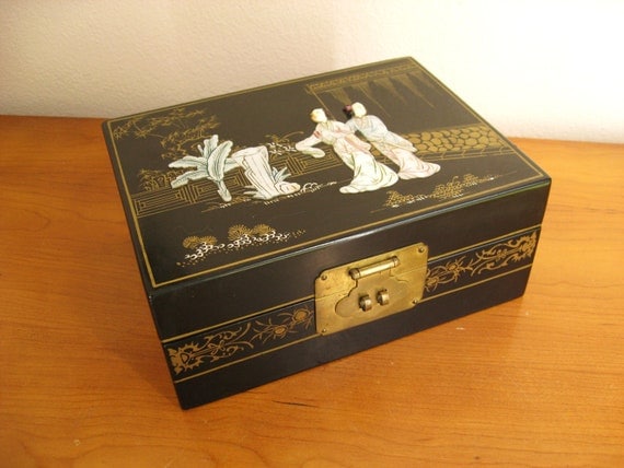 Vintage Asian Mother of Pearl Jewelry Box, Mid Century Abalone Jewelry Box