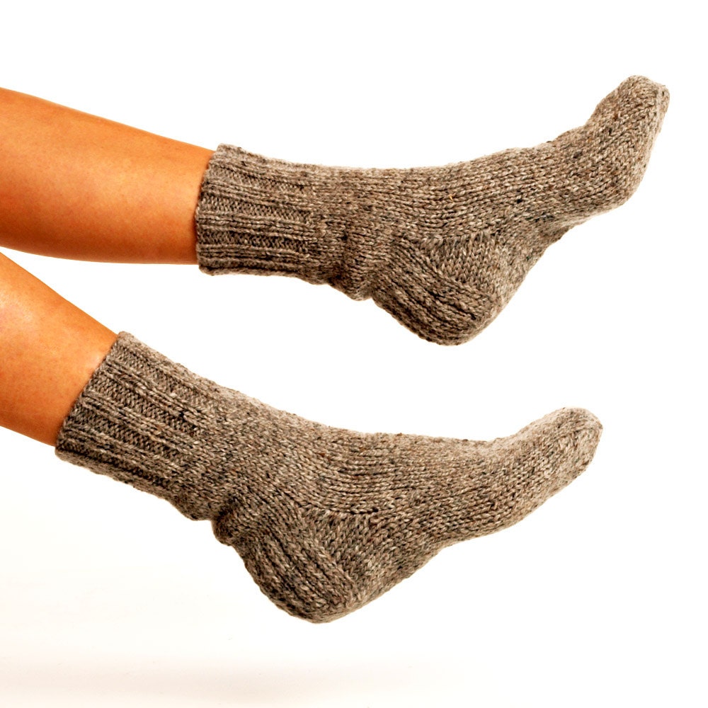 WOMAN WOOL SOCKS "Touring back roads".  Hand knitted from natural grey sheep wool yarn. Great for hiking
