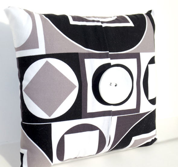 Handmade Gray black White Geometric Button Home Decor Accent Pillow with Pillow Insert