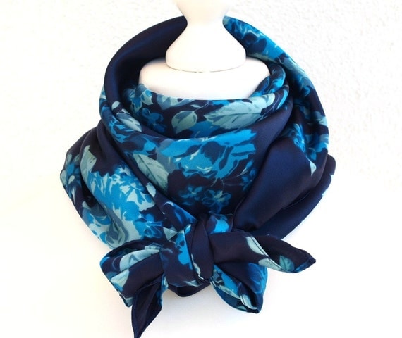 Blue Silk Square Scarf Floral Womens Head Neck