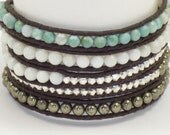 Handmade Aqua Jade, Mother of Pearl, Sterling Silver Nugget and Pyrite Bead Leather Wrap Bracelet
