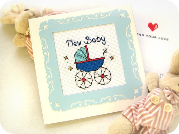 The Baby Boy Card - Completed Present Cross Stitch Card - Baby Born card in blue color
