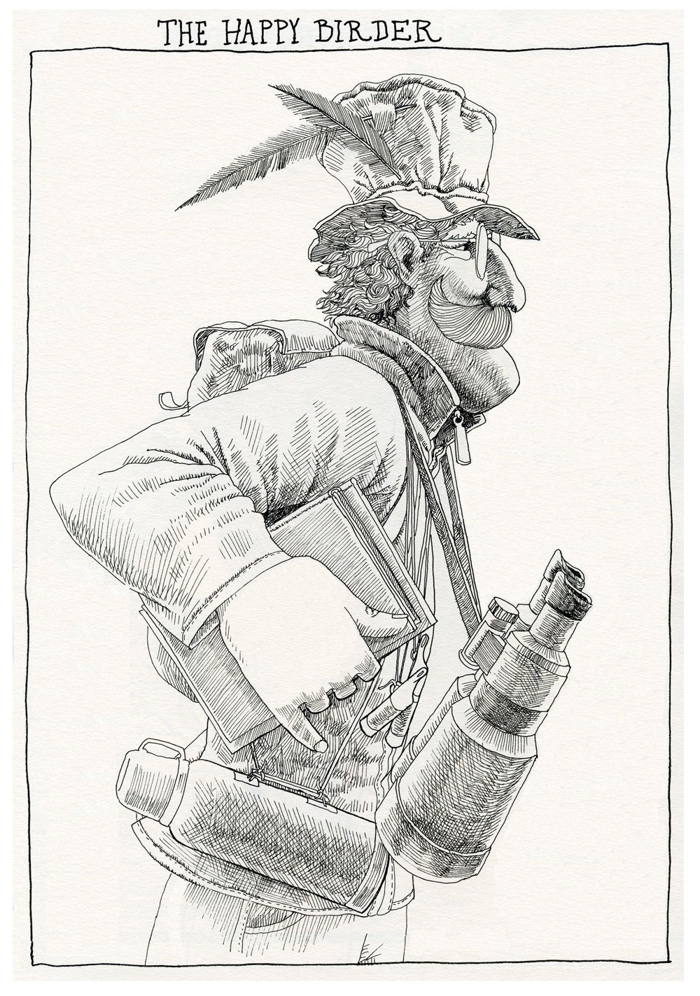 The Happy Birder: Original drawing, joyful, at peace, outdoors, birds, art print.