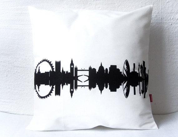 London City Throw Pillow Cushion Cover - 100% Cotton Twill - London City Skyline - hand screenprinted delicate chocolate
