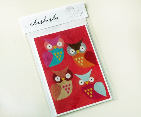 greeting card A6 (4.1 x 5.8) with a cute animal illustration of four owls, lovely stationery by akashisko, perfect gift