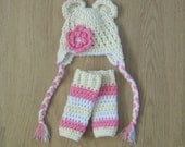 BEAR Ears Baby EARFLAP Crochet Hat with matching LEGWARMERS , Photo Prop ( 6-12 months , more sizes available ) Custom colours