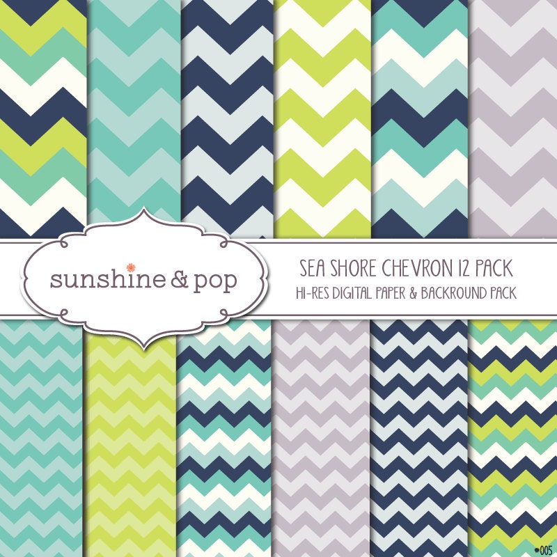 INSTANT DOWNLOAD - 12 Digital Papers Blue and Teal Chevron Pattern perfect for scrapbooking, stationary, invitations, and all paper crafts Il_170x135
