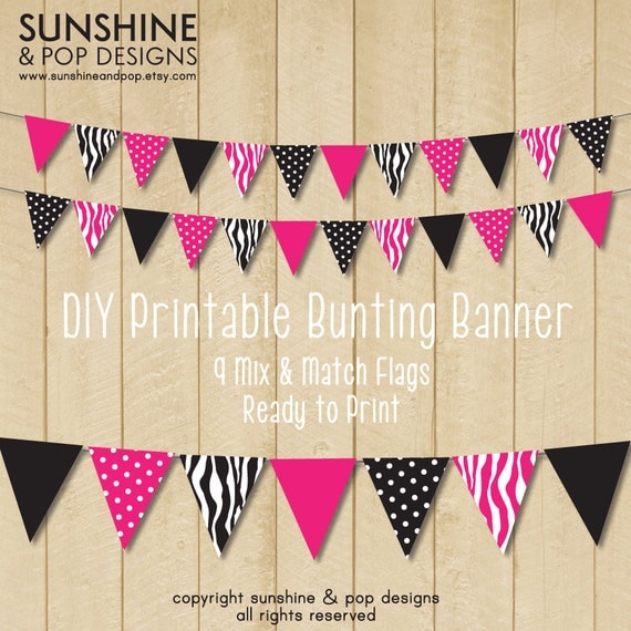 INSTANT DOWNLOAD - DIY Party Printable Flag Banner - Pink and Black Zebra Print - perfect for events and party decorations