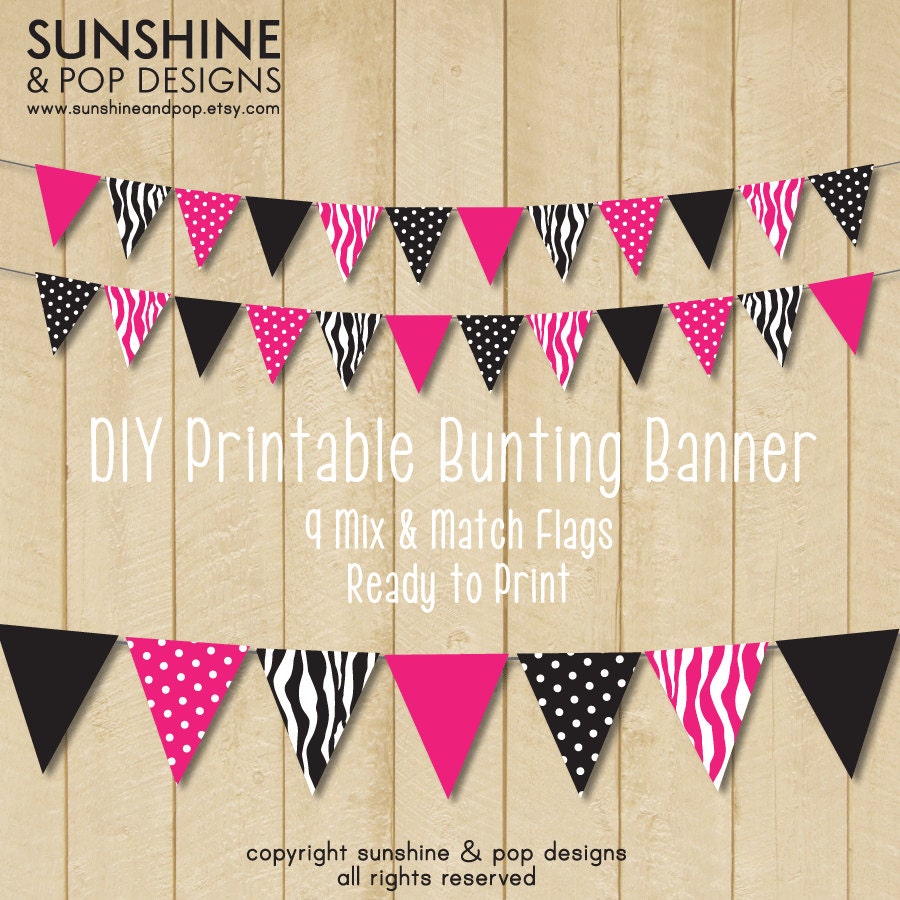 INSTANT DOWNLOAD - DIY Party Printable Flag Banner - Pink and Black Zebra Print - perfect for events and party decorations