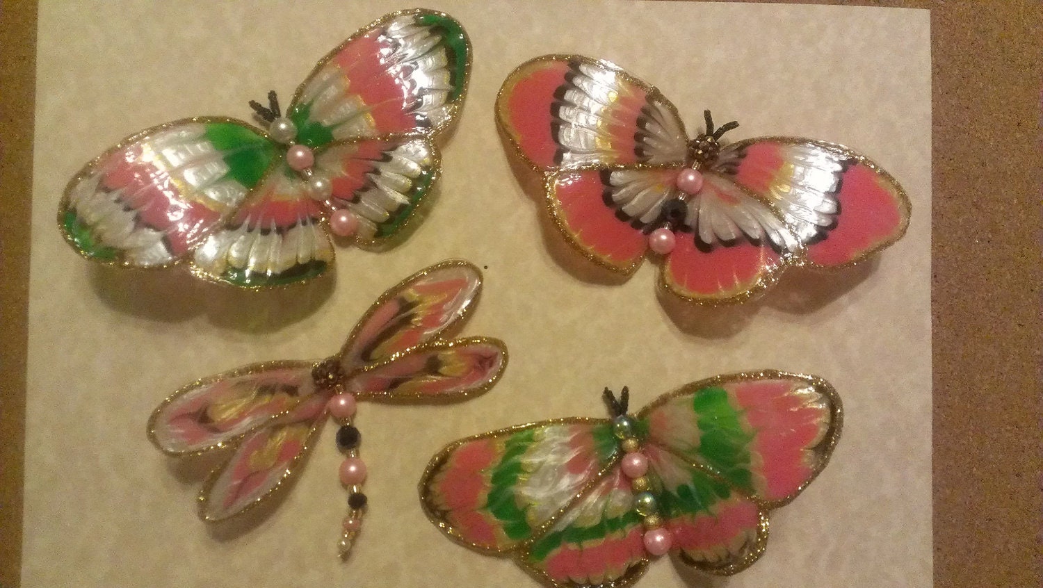 Pink and Pearl Butterflies Set of 4 ,hand painted