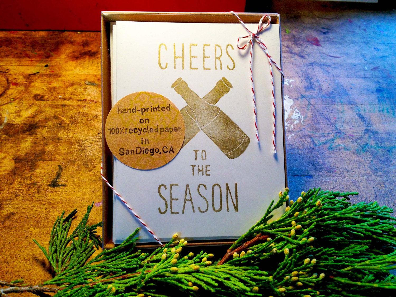 Hand-stamped Holiday Card Set - 10 Block-printed "Cheers to the Season" Cards - Gold on White - Beer Bottles - Christmas Blank Cards