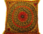 Free Shipping Handmade Embroidered Cotton Cushion Cover Indian Decorative Throw Yellow Pillow Cover - PL5799