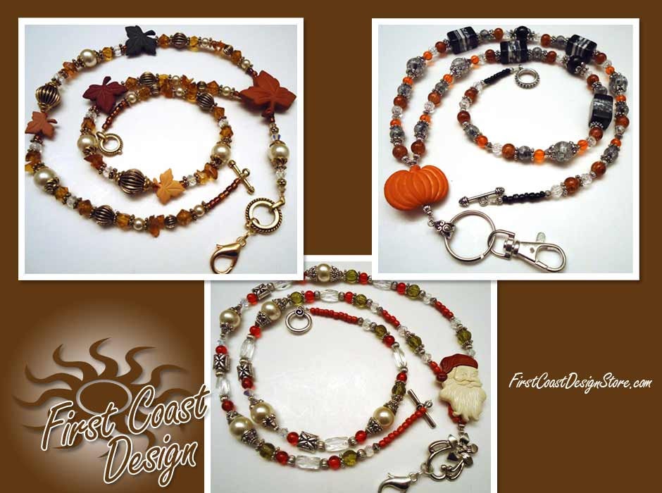 Holiday Fall Trio Halloween Thanksgiving Christmas Beaded Lanyard ID Holder Swarovski Crystals