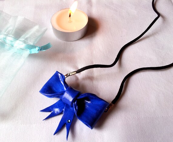 Midnight Blue Stunning Bow Tie Polymer Clay Hand Sculpted Swarovski Crystal Decorated Necklace