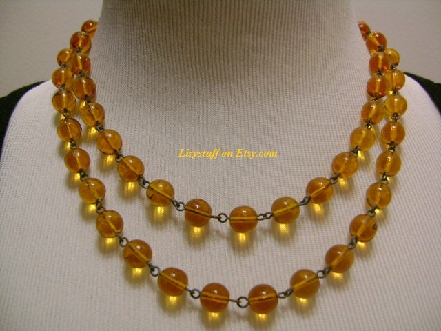 Antique Vintage 1920's Art Deco Topaz Sparkling Honey Amber Colored Crystal/Glass Graduated Beaded Balls Necklace 38"Long Weight 85.2 Grams