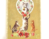 Kittens, Cats, Antique Postcard, Vintage Postcard, Happy Thoughts, 1900s, Floral Motif, Gold