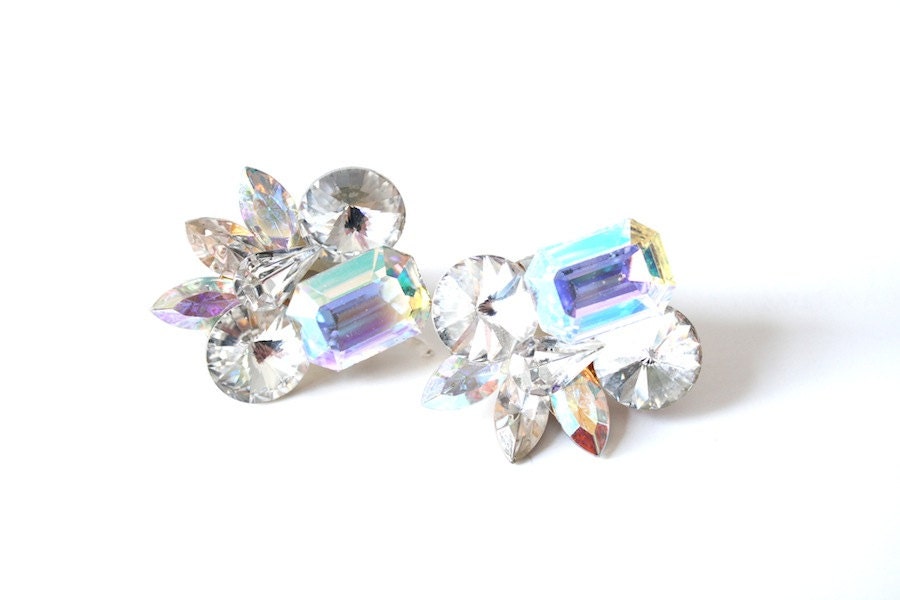Earrings, Vintage Clip On Earrings Large Faux Diamond Crystal Retro Costume Jewelry Bling