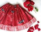 Girls skirt - deep red with birds on rowan tree, cotton. Ready to ship - 6/7 years or custom sizes 2T-3T, 4-5, 6-7, 8-10 Years, with GIFT