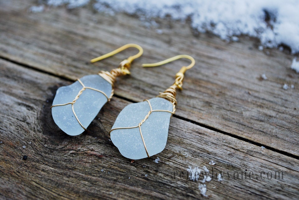 White Beach Glass Earrings With Gold Wire