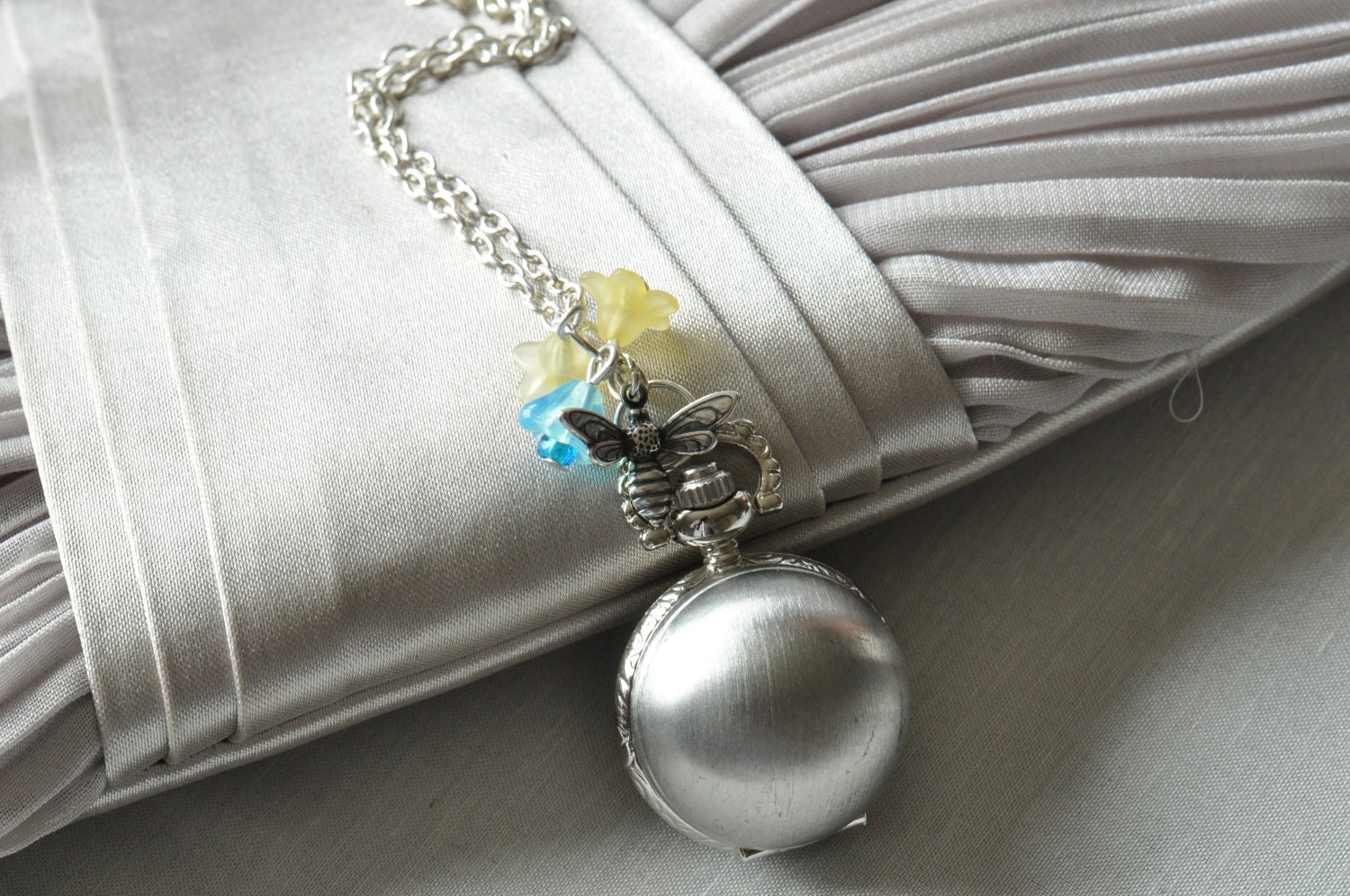 Silver Plated Orb Pocket Watch Necklace with Bee & Flower Charm UK Seller