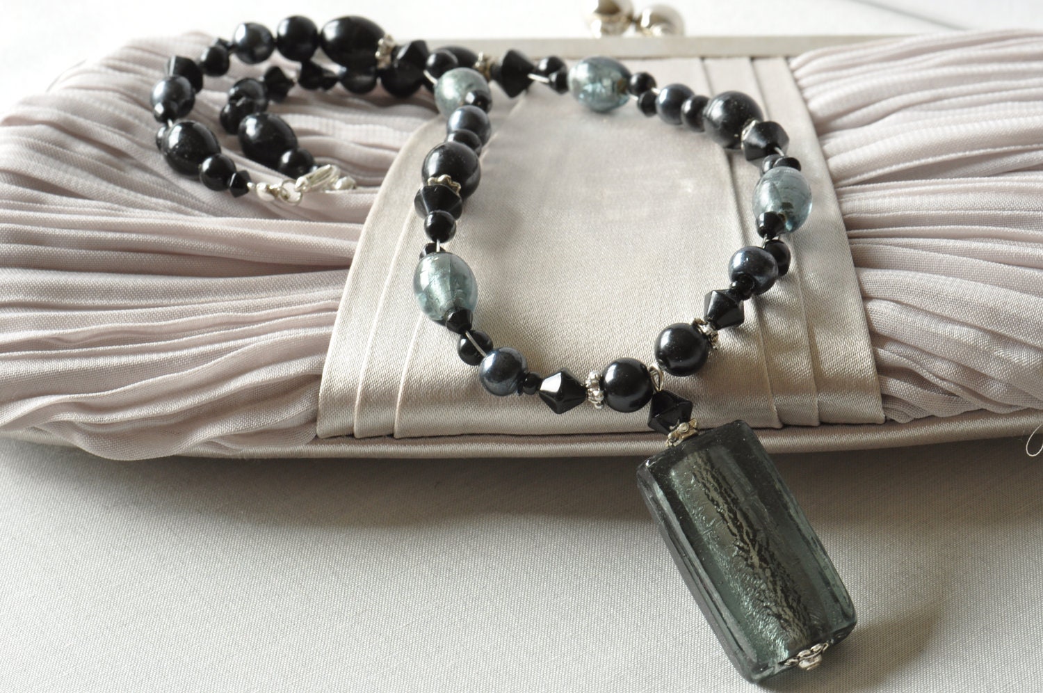 Black & Grey Foil Glass Pendant and Bead Necklace UK Seller