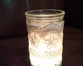 Lace Covered Vintage Glass Jar Candle Holder-