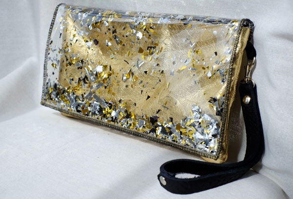 Leather & Glitter Clutch Bag, Purse, Wristlet in Metallic Mayhem