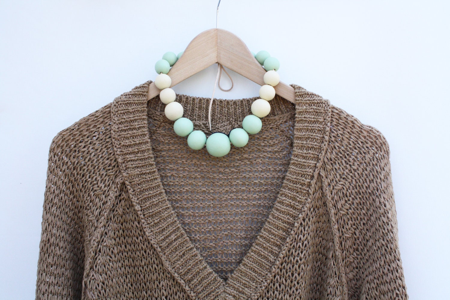 Green tea latte - green & cream wooden necklace, round beads