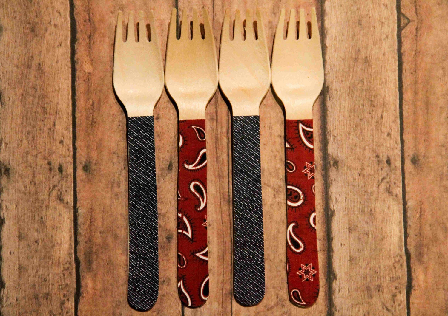 24 Wooden Forks or Spoons- Denim and Bandanna Il_570xn