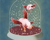 Still Life Drawing Digital Print Mixed Media Illustration Print Art Poster Acrylic Painting  Illustration: 2 flying pigs in Snow Globe