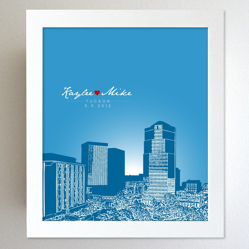 Bridal Shower Present for Her / Tucson Arizona Skyline First Wedding Present / Custom Keepsake Art Poster / Any Cityscape Available
