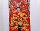 Whimsical lollipop tree, print of original mosaic cardboard wall relief with children and angels or fairies.