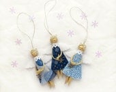 Three Christmas Angels Tree Decorations in blue, eco friendly holiday decor