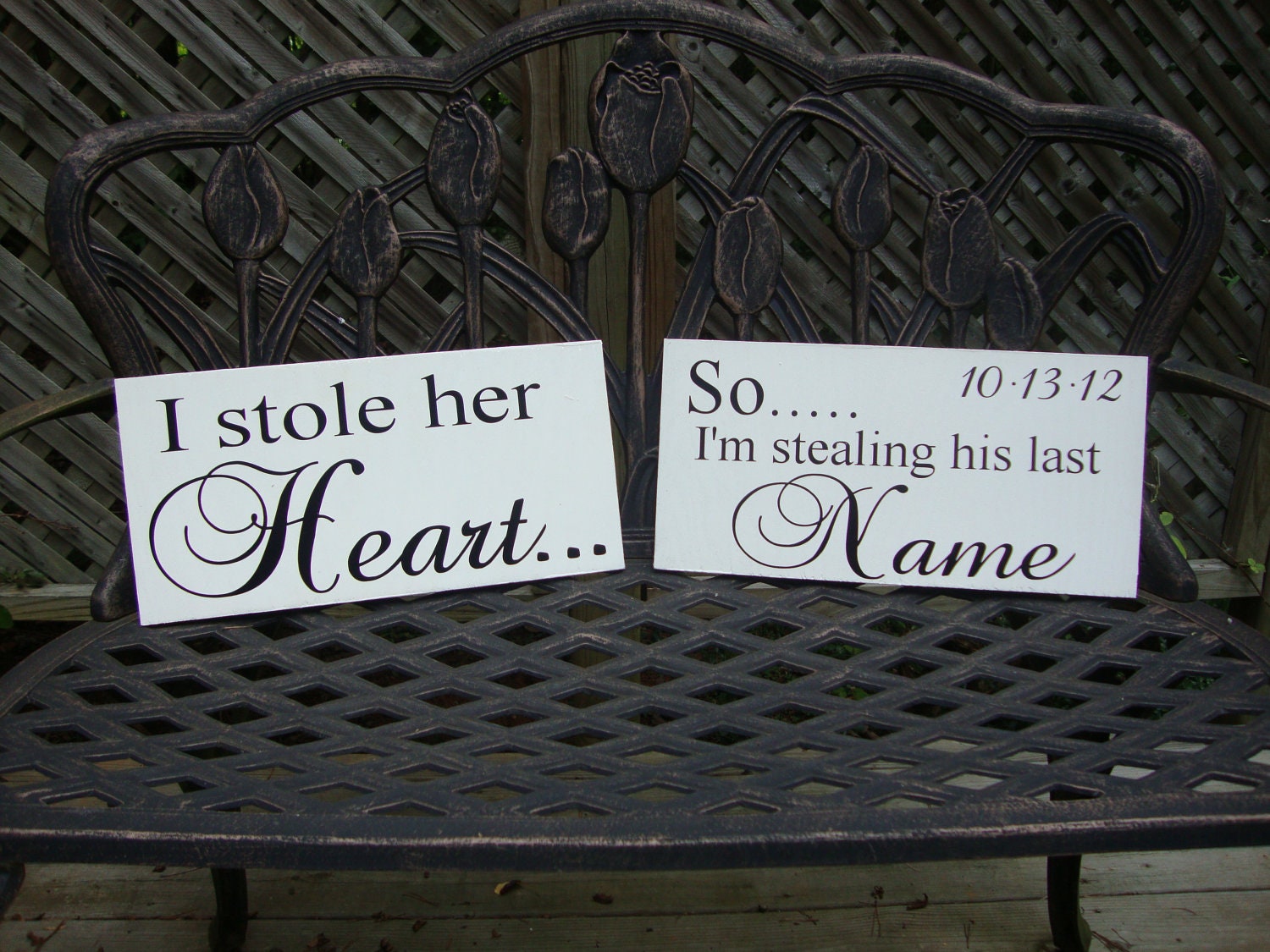 Weddings sign, engagement sign, save the date, I STOLE her heart..SO I'm stealing his last NAME, photo props, single sided 8x16