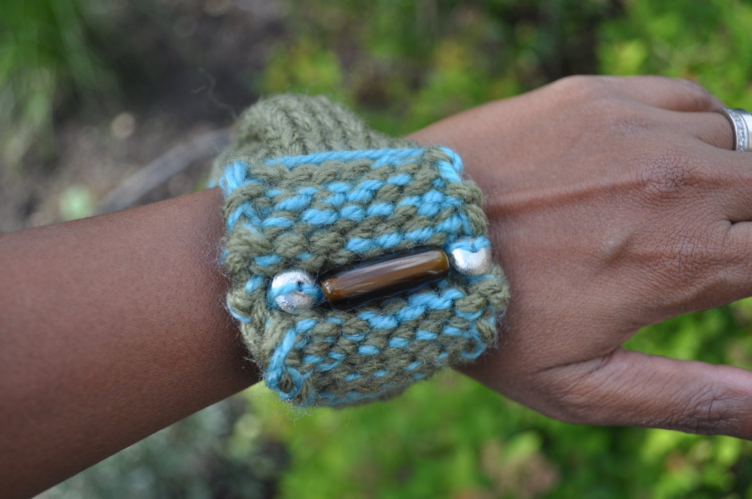 Chunky Knitted Bracelet, Wristband, Cuffs or Bangle with Amber and Silver Beads Khaki Wool Handmade Jewellery Ideal Gift for Stylish Women