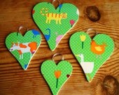 Set of 4 Bright Farm Animal decoupage hearts with delicate organza ribbon hanging detail