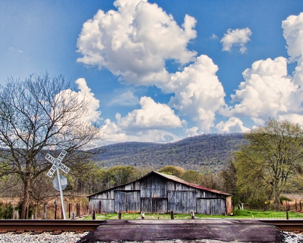 Photo Print, 8x10, Barn by Train Tracks, Blue Sky with White Clouds